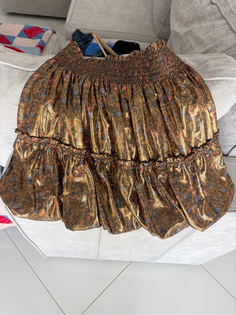 Free People Metallic Bronze Tiered Mini Skirt with Paisley Accents - no tags